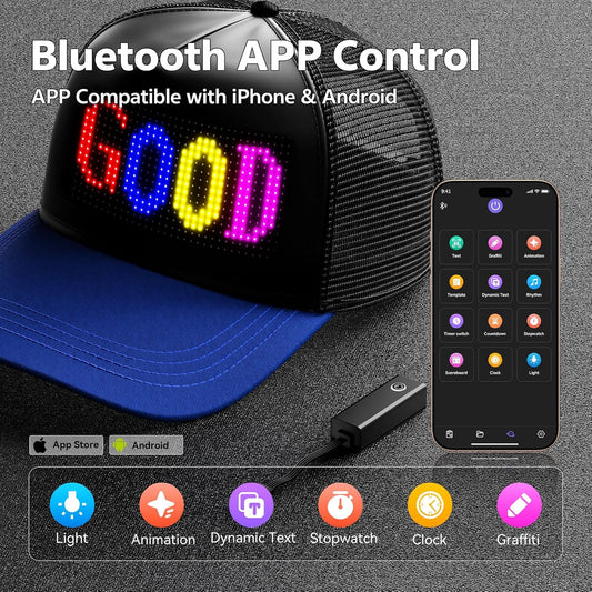 LED Hats, LED Display Screen Smart Caps,Bluetooth APP Control,Custom Text, Patterns, Animations for Party Christmas