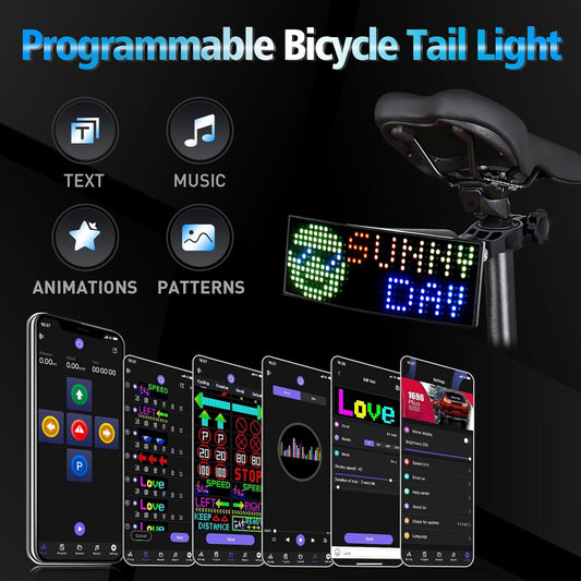 GOTUS Programmable LED Smart Bike Tail Light, Rear Bike Light, with Speedometer and APP Custom Text, Patterns, Animation Display, Suitable for Adults and Children on Roads and Mountains