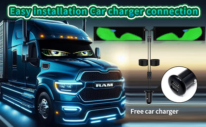 2 Pieces LED Eyes Truck Windshield, Car Devil Eyes Light, Flexible Scrolling Programmable LED Sign, Custom Editor Color, Animation, Text