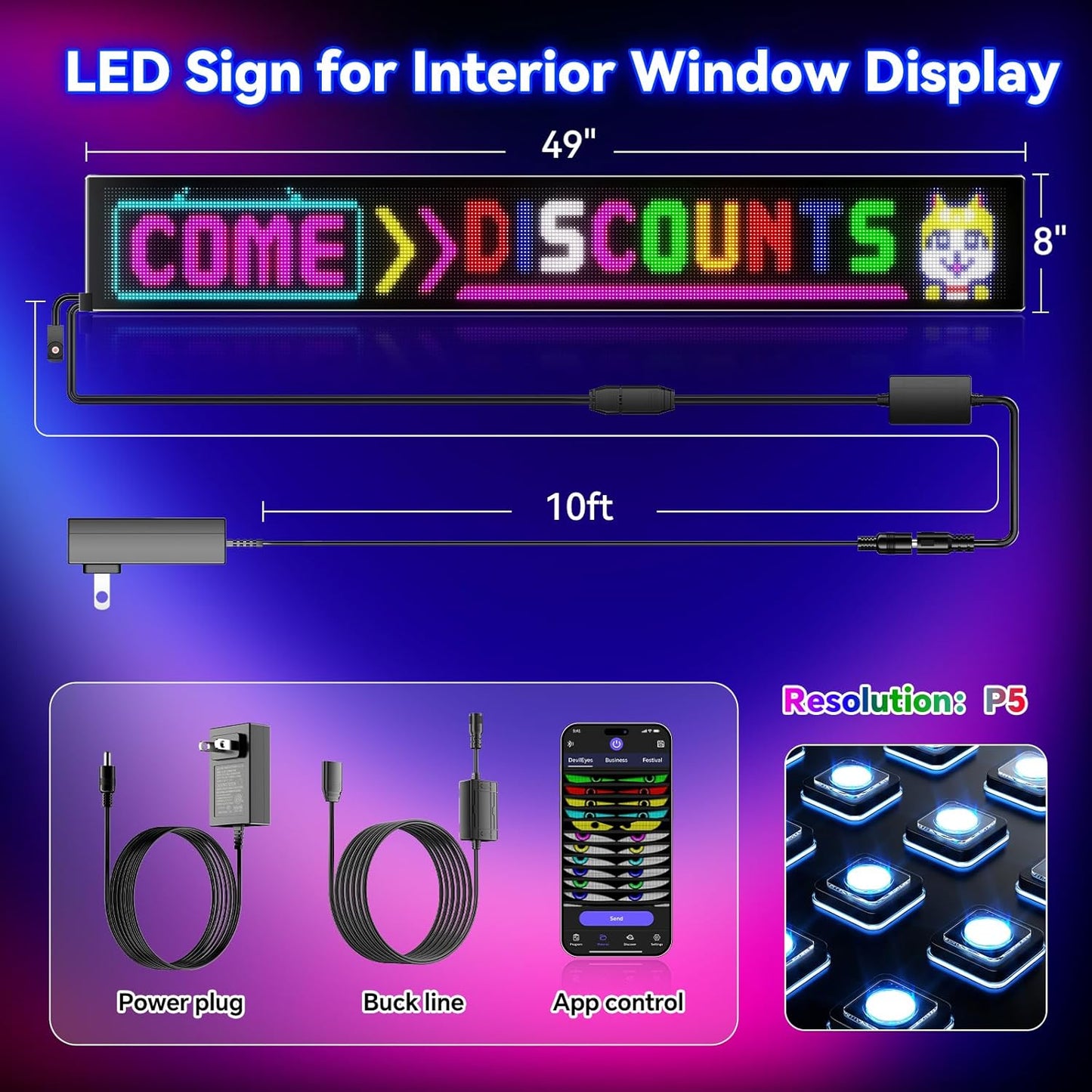 Large Programmable LED Sign, P5 Resolution Indoor Store LED Sign, Bluetooth App, Suitable for Commercial Retail Store Window Display (94.2CMx 20CM)