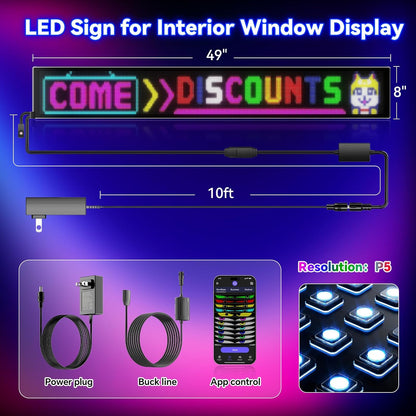 Large Programmable LED Sign, P5 Resolution Indoor Store LED Sign, Bluetooth App, Suitable for Commercial Retail Store Window Display (94.2CMx 20CM)