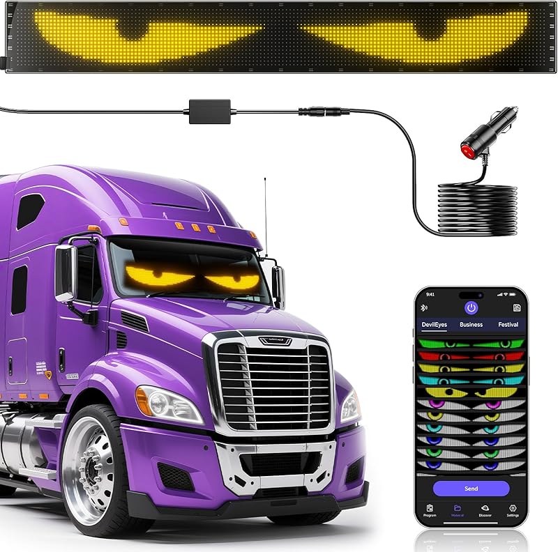 2 Pieces LED Eyes Truck Windshield, Car Devil Eyes Light, Flexible Scrolling Programmable LED Sign, Custom Editor Color, Animation, Text
